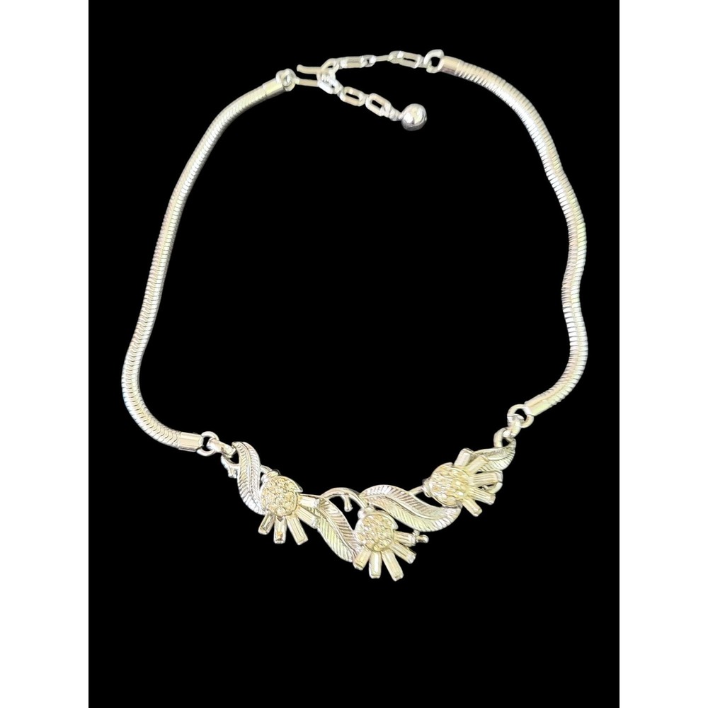 Crown Trifari Radiance Thistle Necklace Silver Rhodium Rhinestone Collar Vintage